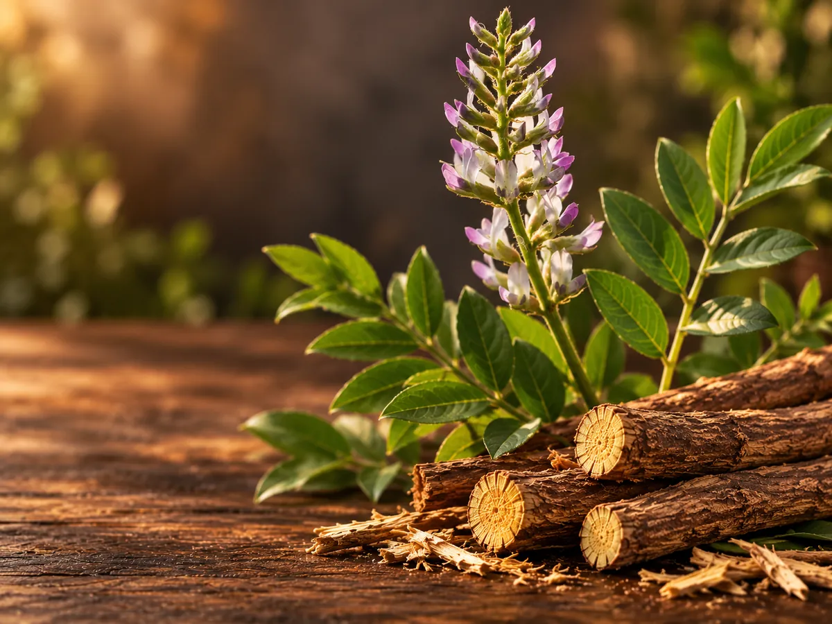 Planta y raíces de regaliz Glycyrrhiza glabra